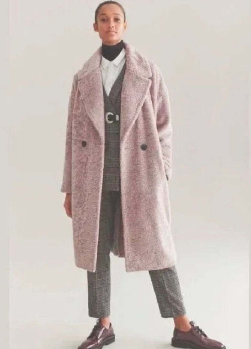 Avec Les Filles Cocoon Faux Fur Long Teddy Bear Coat in dusty pink